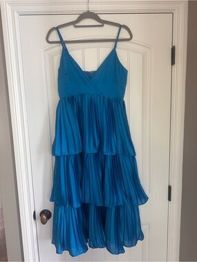 Lulu's Teal-Blue Tiered Pleated Spaghetti-Strap Dress